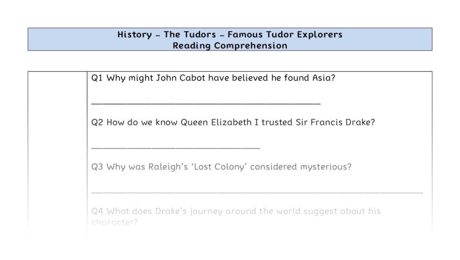 Reading comprehension - famous Tudor explorers - inference