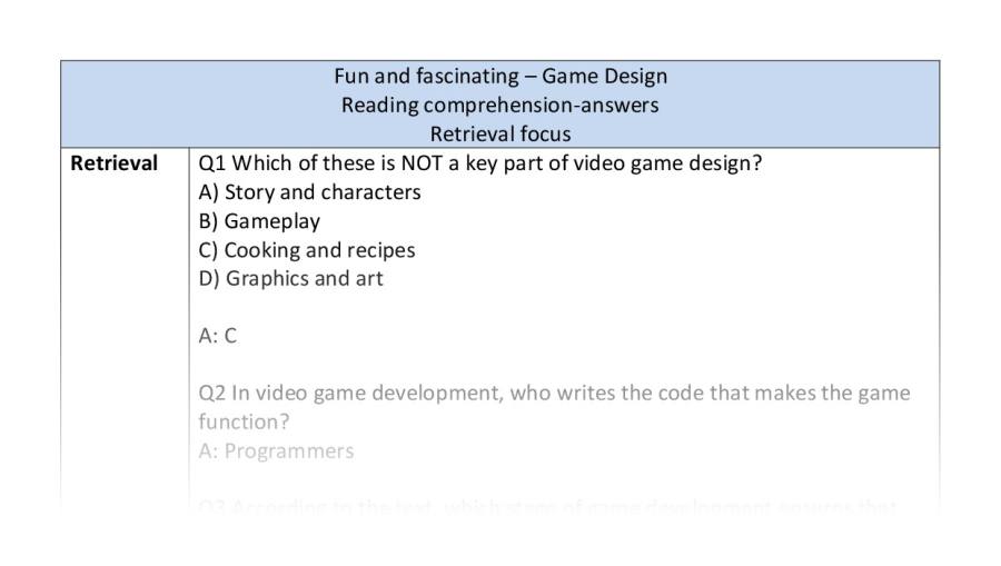 Reading comprehension - retrieval - Game design