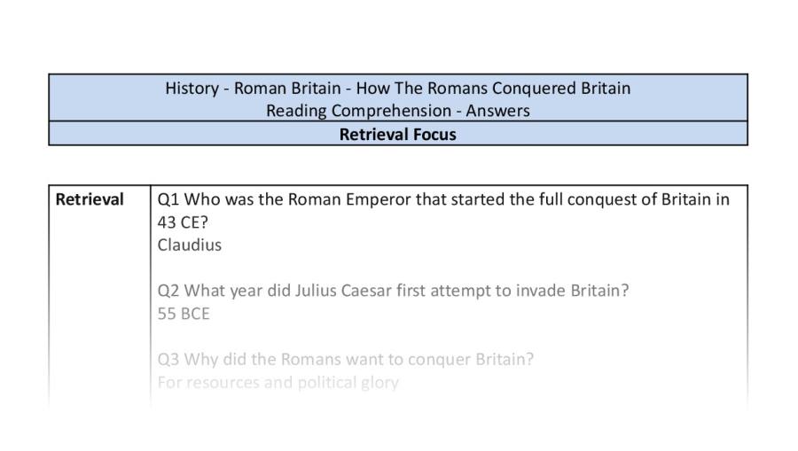 Reading Comprehension - How The Romans Conquered Britain - Retrieval Focus