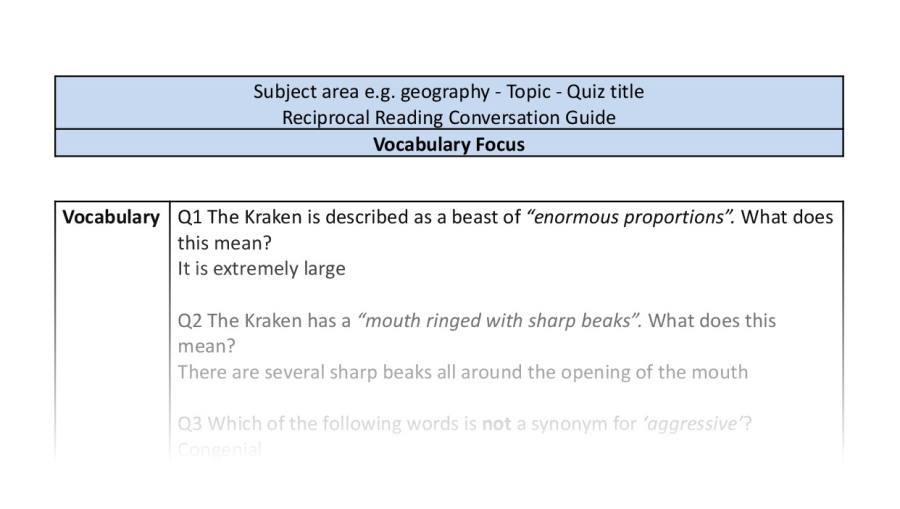 Reciprocal Reading Conversation - Kraken - UKS2 - Vocabulary Focus