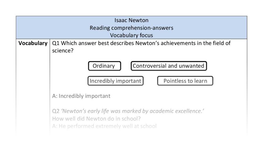 Reading comprehension - vocabulary - Isaac Newton - answers