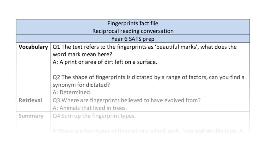 VRSIPE Reciprocal reading conversation - Fingerprints fact file