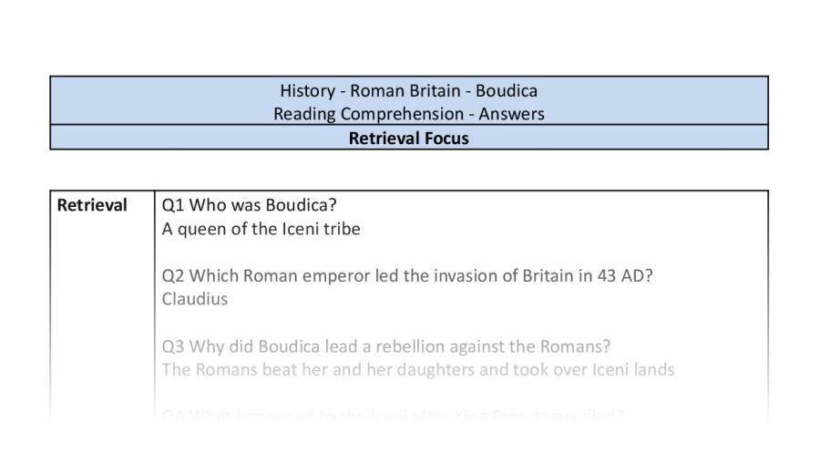 Reading Comprehension - Boudica - Retrieval Focus