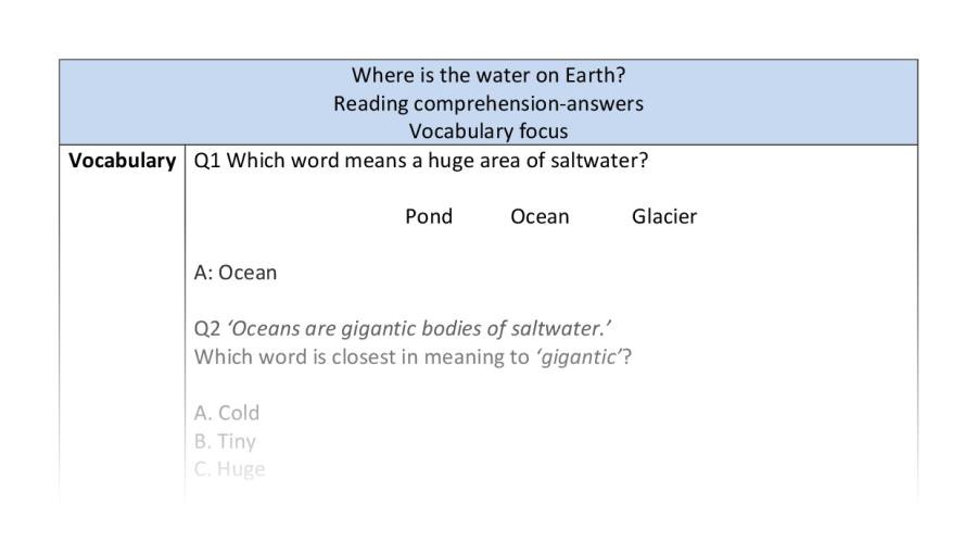 Reading comprehension - vocabulary - Where is the water on Earth - answers