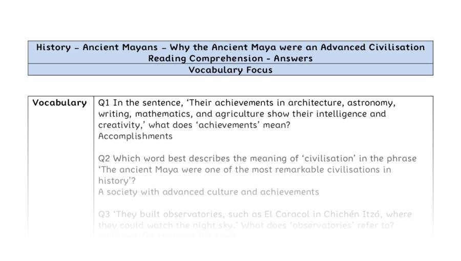 Reading Comprehension - Why the Ancient Maya were an Advanced Civilisation - Vocabulary Focus - answers
