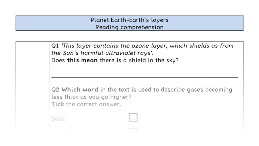 Reading comprehension VRSIPE - Planet Earth-Earths layers
