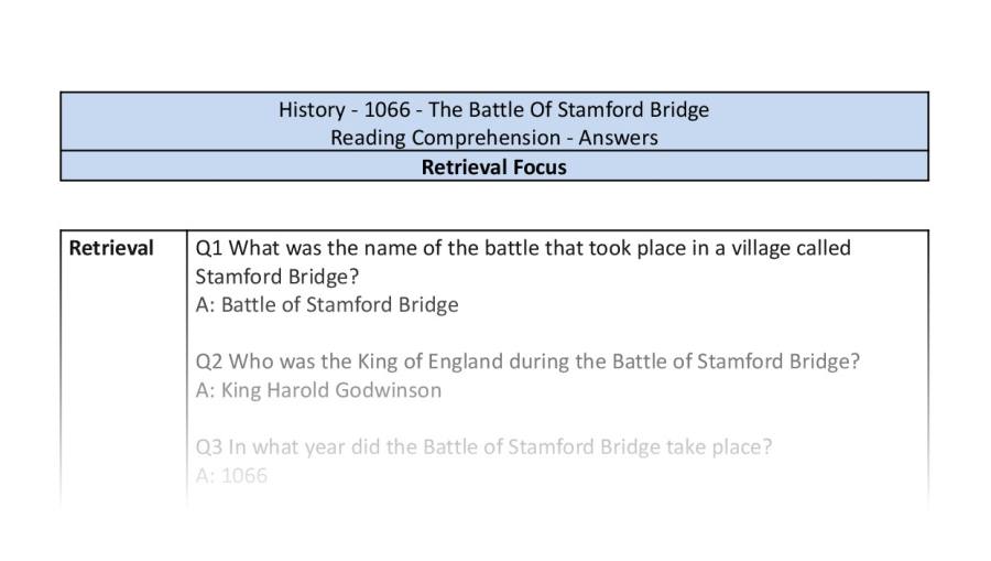 Reading Comprehension - The Battle Of Stamford Bridge - Retrieval Focus