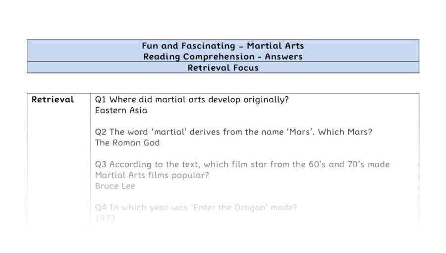 Reading Comprehension - Martial Arts - UKS2 - Retrieval Focus