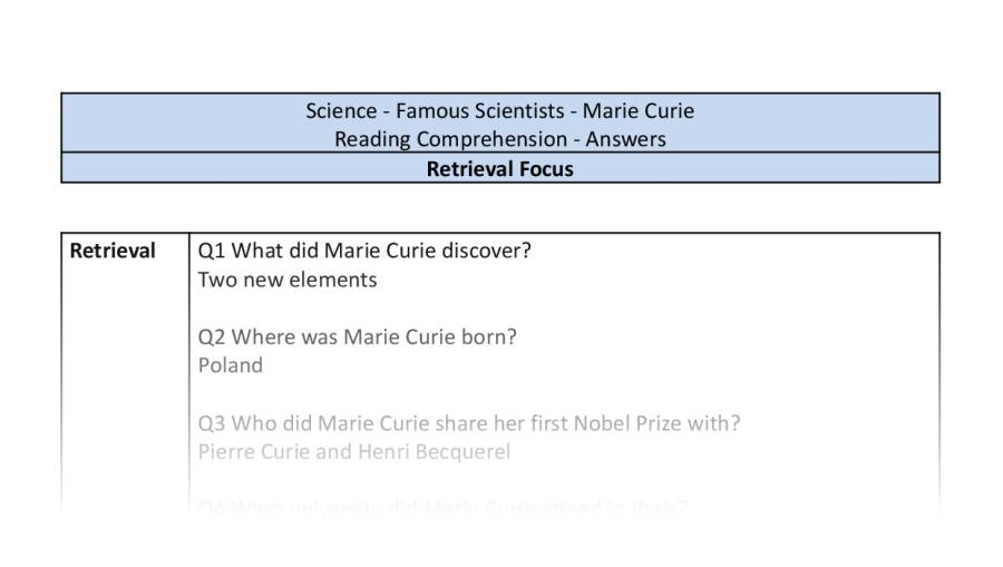Reading comp - Famous Scientists-Marie Curie - retrieval-answers