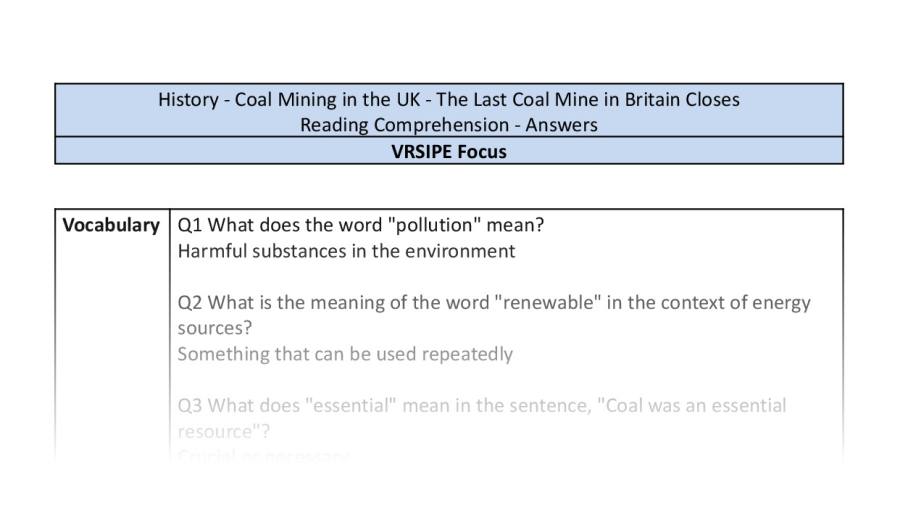 Reading Comprehension-The Last Coal Mine in Britain Closes-VRSIPE Focus-answers