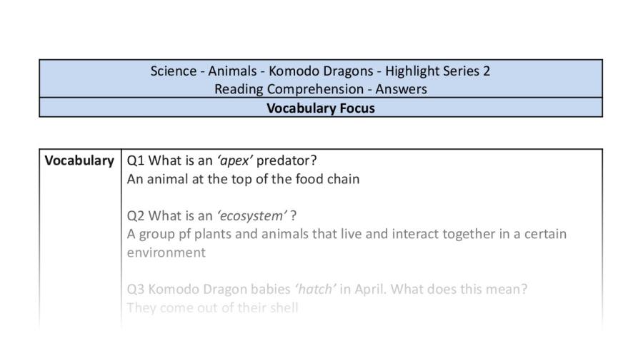 Reading Comprehension - Komodo Dragon - Vocabulary Focus-answers
