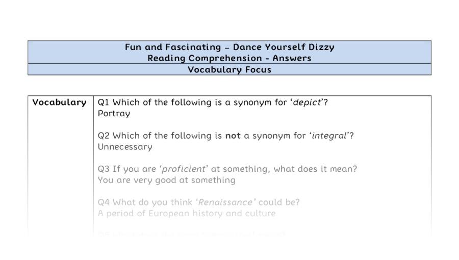 Reading Comprehension - Dance Yourself Dizzy - UKS2 - Vocabulary Focus