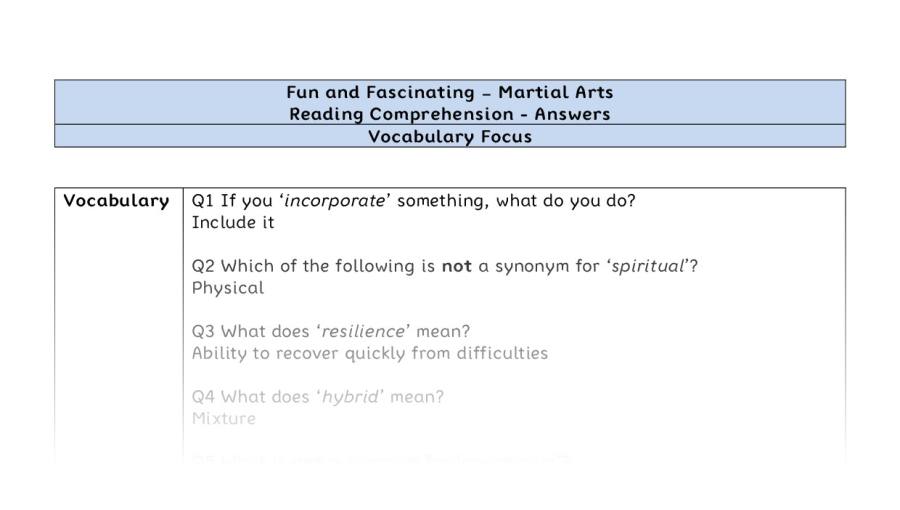 Reading Comprehension - Martial Arts - UKS2 - Vocabulary Focus