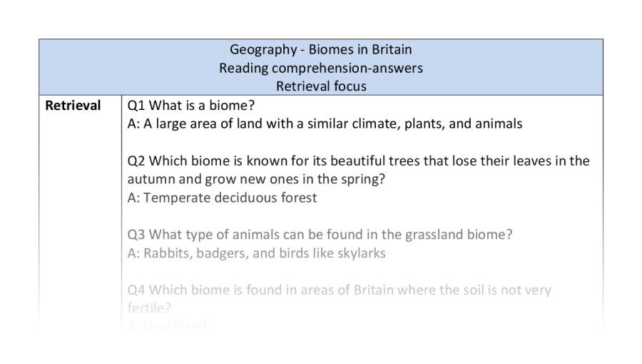Reading comprehension - retrieval - biomes in Britain