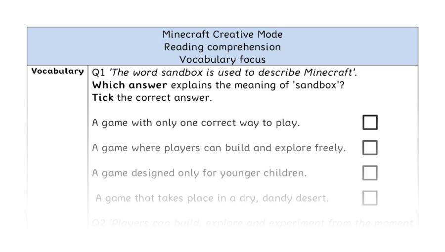Reading comprehension - vocabulary - Minecraft Creative Mode