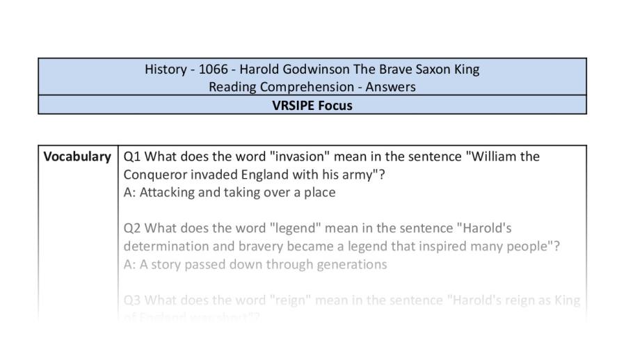 Reading Comprehension-Harold Godwinson The Brave Saxon King-VRSIPE-answers