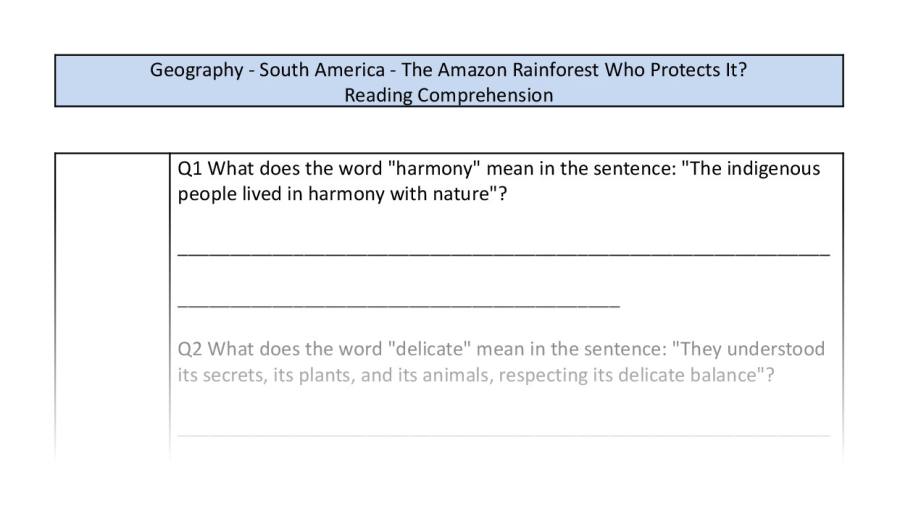 Reading comprehension - VRSIPE - The Amazon Rainforest-who protects it