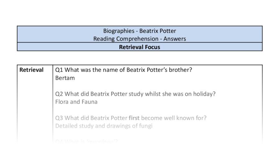 Reading Comprehension - Beatrix Potter - UKS2 - Retrieval Focus