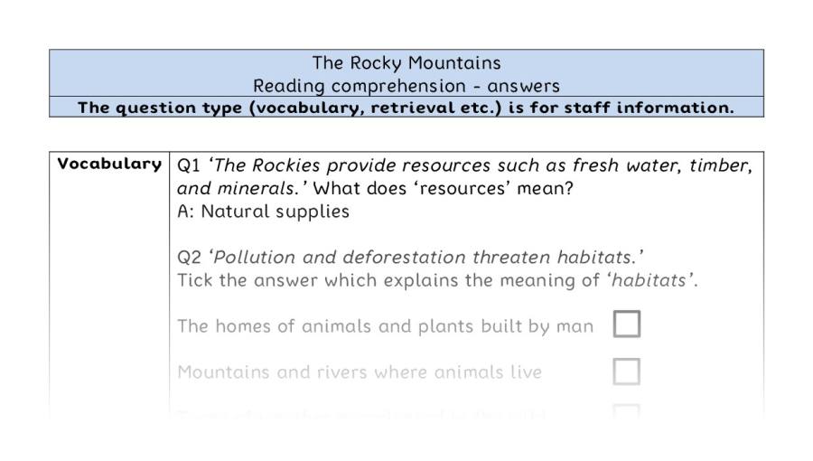Reading comprehension - VRSIPE - The Rocky Mountains - answers