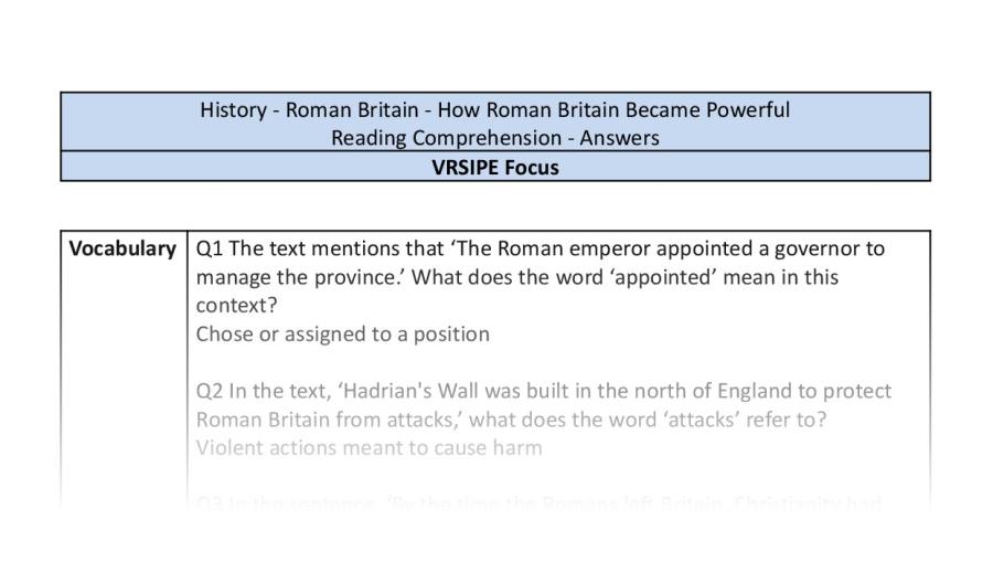 Reading Comprehension - How Roman Britain Became Powerful - VRSIPE Focus UKS2