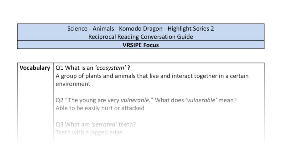 Reciprocal Reading Conversation - Komodo Dragon - Highlight Series 2 - VRSIPE Focus