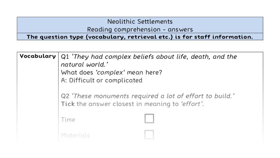 Reading comprehension - VRSIPE - Neolithic Settlements - answers