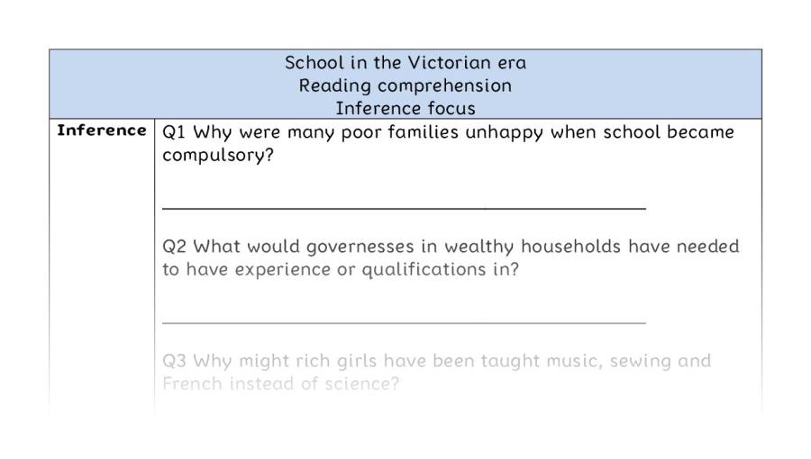 Reading comprehension - inference - School in the Victorian era