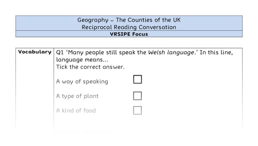 The Counties of the UK - Reciprocal Reading Conversation - VRSIPE Focus