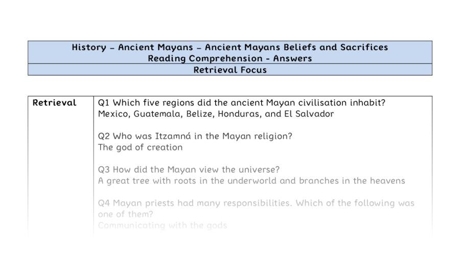 Reading Comprehension - Ancient Mayan Beliefs and Sacrifices - Retrieval Focus