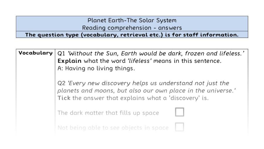 Reading comprehension VRSIPE - The Solar System - answers