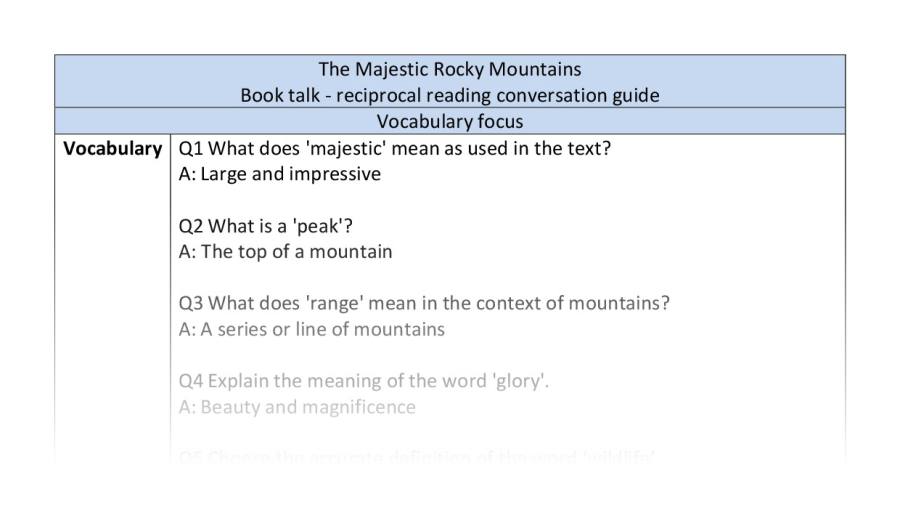 Reciprocal reading - The Majestic Rocky Mountains - vocabulary