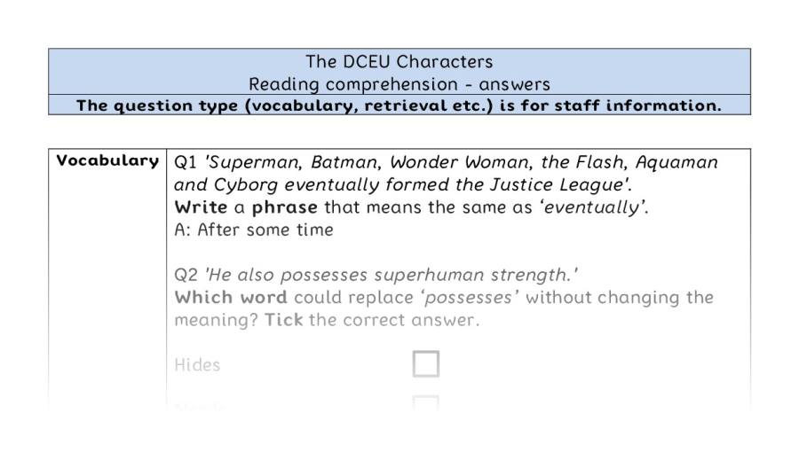 Reading comprehension - VRSIPE - The DCEU Characters - answers