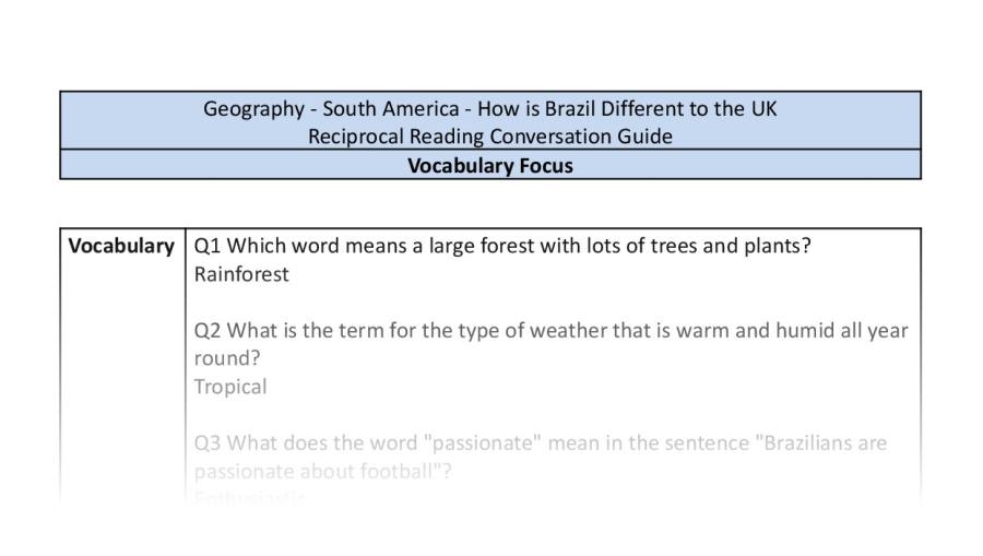 Reciprocal Reading Conversation - How is Brazil Different to the UK - Vocabulary Focus