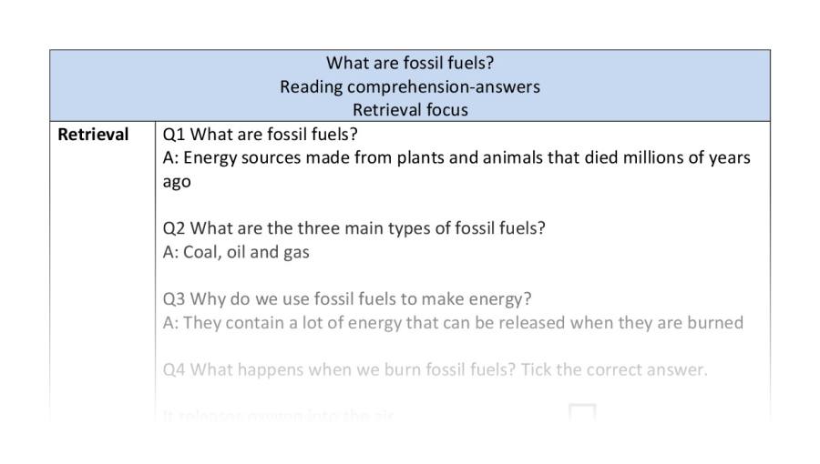 Reading comprehension - retrieval - What are fossil fuels - answers