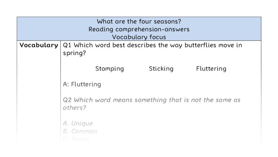 Reading comprehension - vocabulary - What are the four seasons - answers