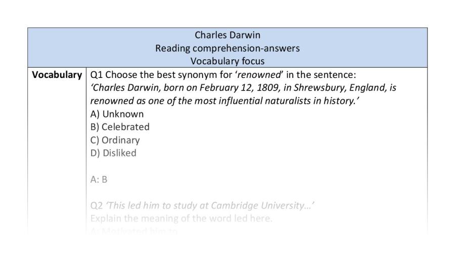 Reading comprehension - vocabulary - Charles Darwin - answers