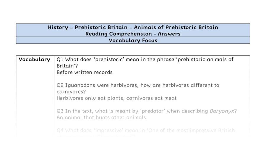 Reading Comprehension - Animals of Prehistoric Britain - Vocabulary Focus