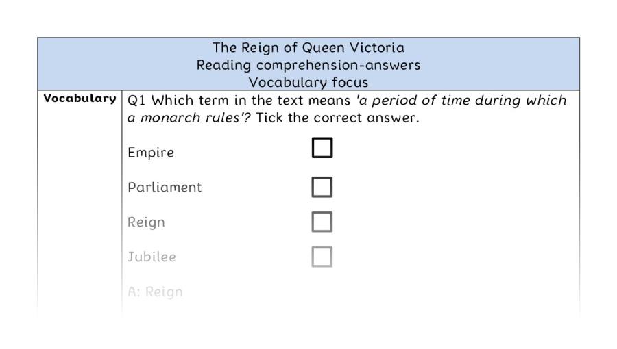 Reading comprehension - vocabulary - The Reign of Queen Victoria - answers