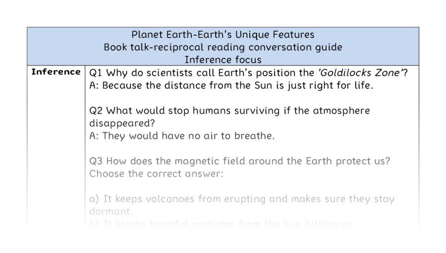 Reciprocal reading - inference - Planet Earth-Earths Unique Features