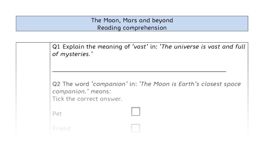 Reading comprehension - VRSIPE - The Moon, Mars and beyond