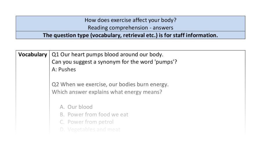 Reading comprehension - VRSIPE - How does exercise affect your body - answers