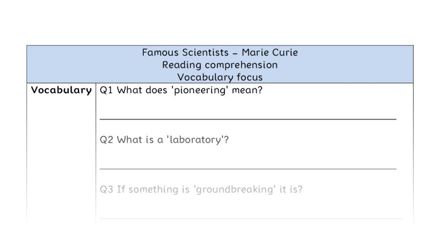 Reading comprehension - vocabulary -Marie Curie