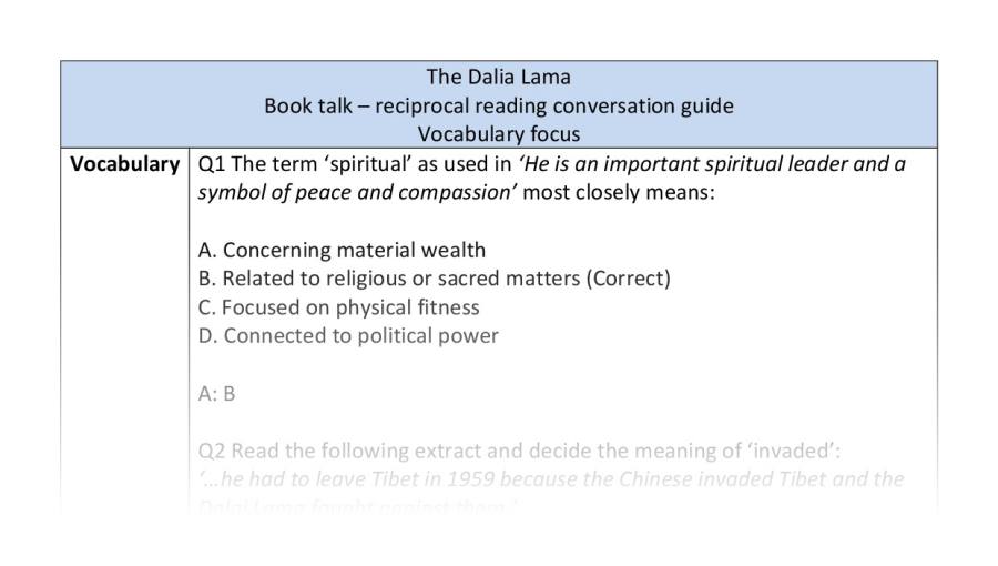 Reciprocal reading - vocabulary - The Dalia Lama