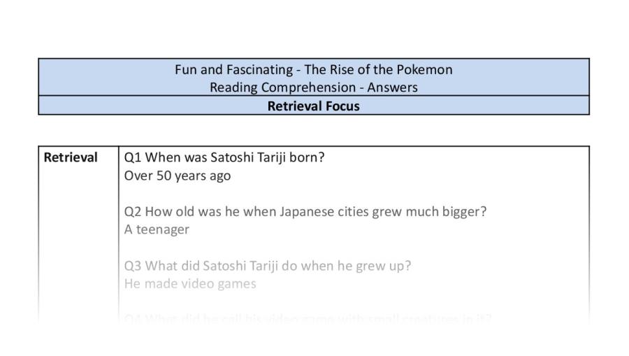 Reading Comprehension - The Rise of Pokemon - Highlight Series 1 - Retrieval Focus-answers