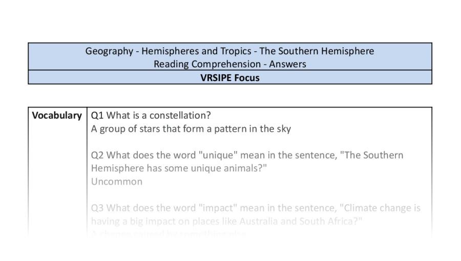 Reading Comprehension - The Southern Hemisphere - VRSIPE Focus
