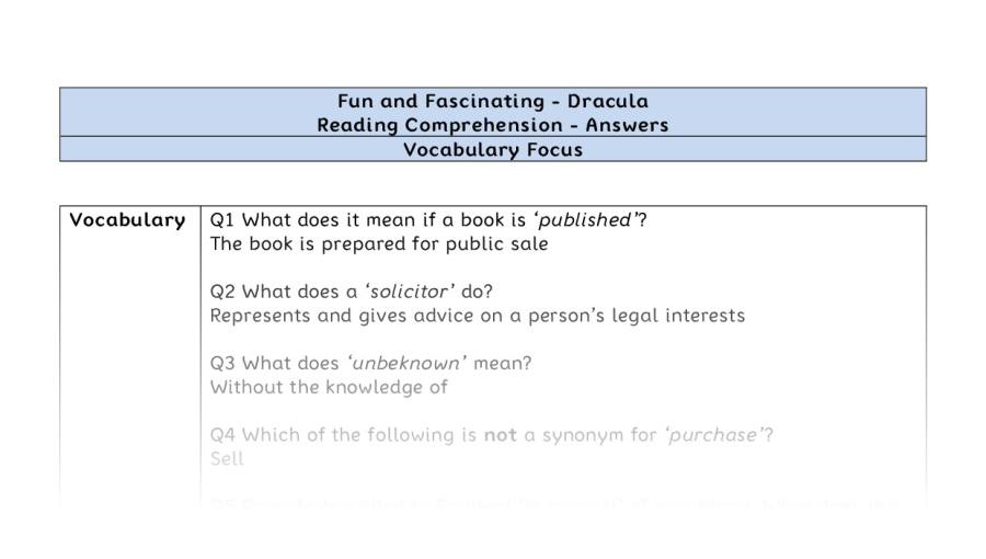 Reading Comprehension - Dracula - UKS2 - Vocabulary Focus