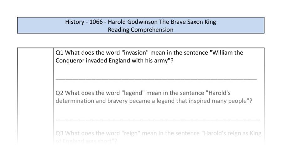 Reading Comprehension-Harold Godwinson The Brave Saxon King-VRSIPE