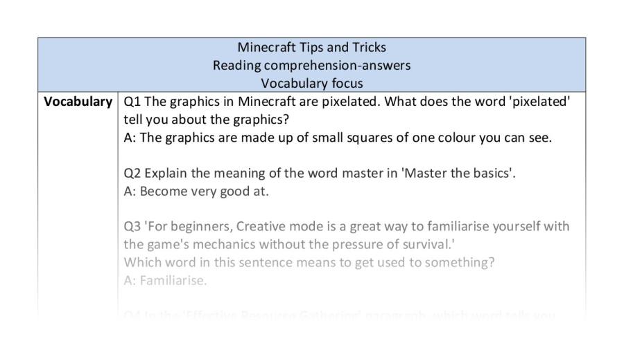 Reading comprehension - vocabulary - Minecraft Tips and Tricks