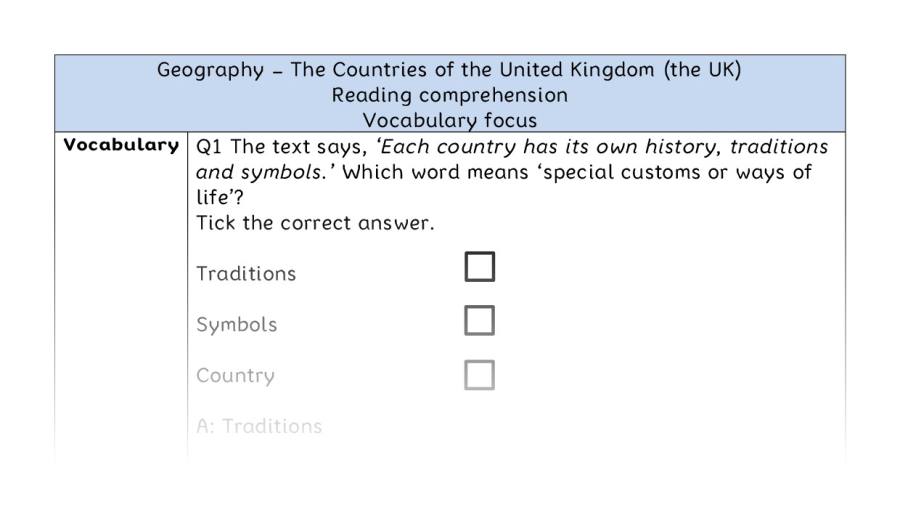 The Countries of the UK - Reading Comprehension Answers - Vocabulary Focus