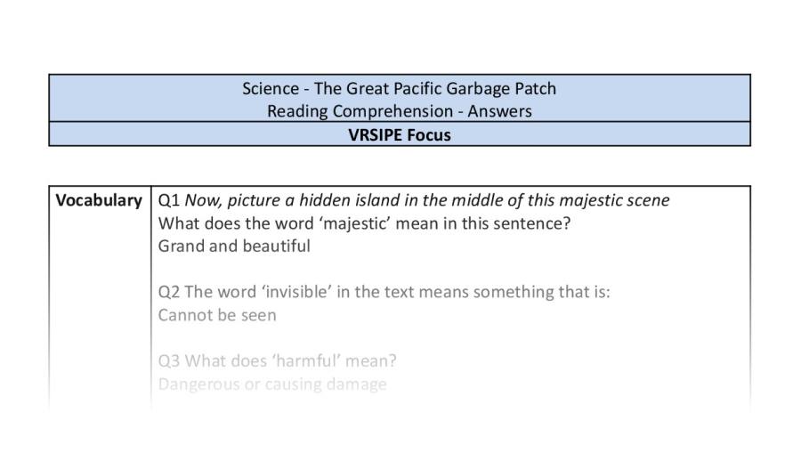 Reading Comprehension - The Great Pacific Garbage Patch - VRSIPE Focus